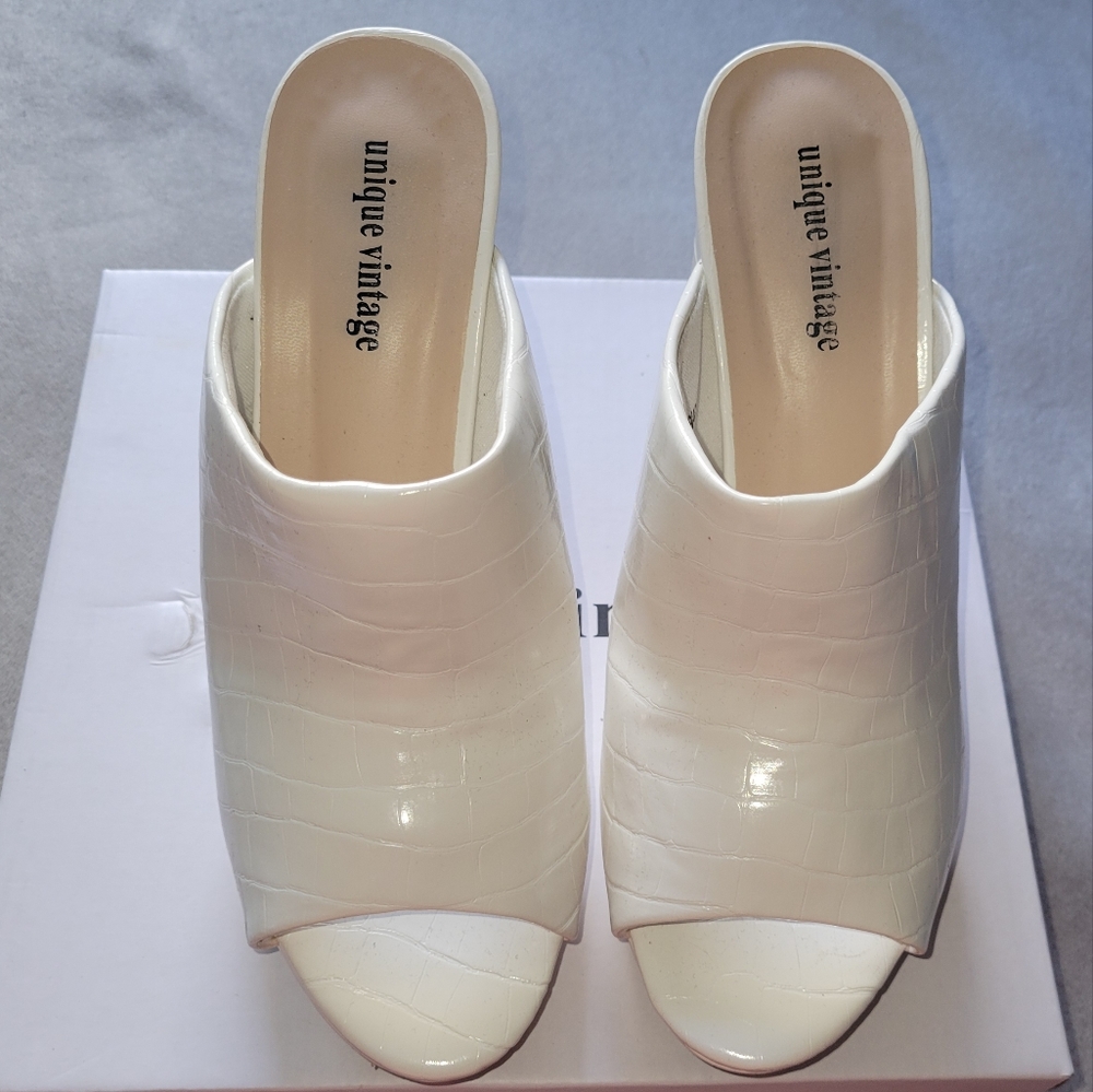 White Open Toe Mule Heels